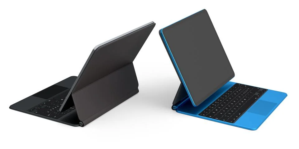 Set of computer tablet with keyboard and blank screen isolated on white. Stock Illustration
