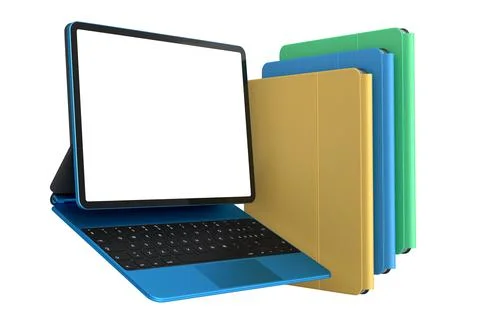 Set of computer tablet with keyboard and blank screen isolated on white. Stock Illustration