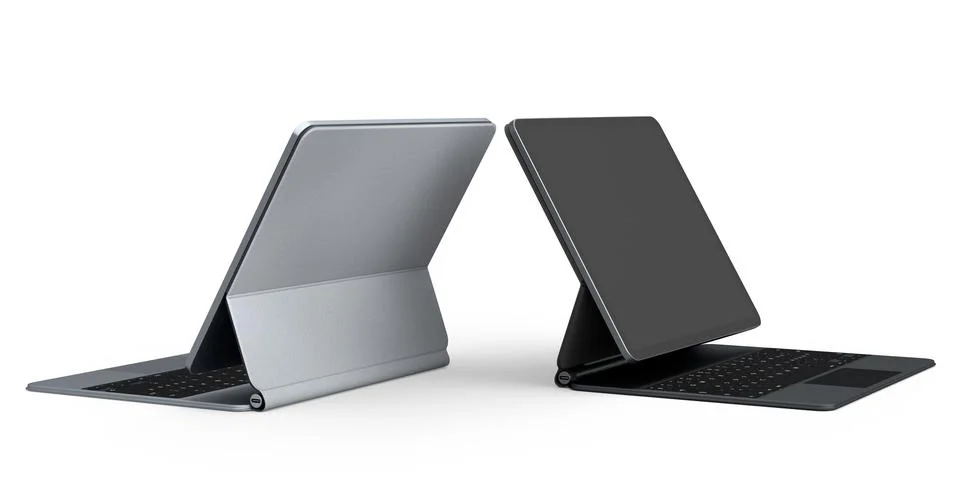 Set of computer tablet with keyboard and blank screen isolated on white. Illustrazione stock