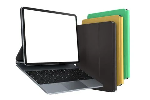 Set of computer tablet with keyboard and blank screen isolated on white. Stock Illustration