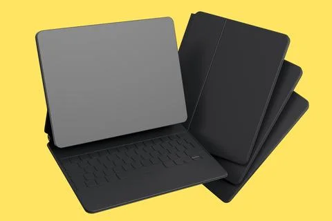 Set of computer tablet with keyboard and blank screen isolated on yellow Stock Illustration