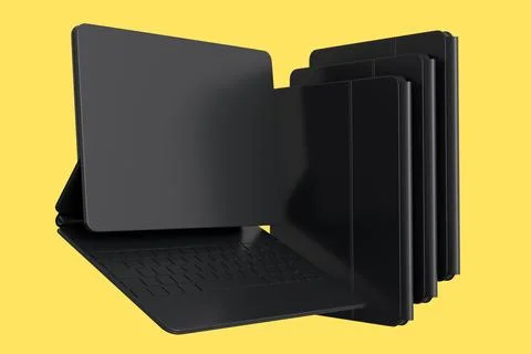 Set of computer tablet with keyboard and blank screen isolated on yellow Stock Illustration