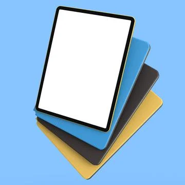 Set of computer tablets with cover case and blank screen isolated on blue. Stock Illustration