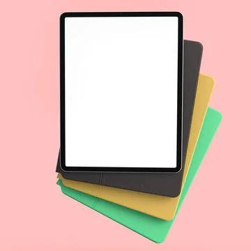 Set of computer tablets with cover case and blank screen isolated on pink. Stock Illustration