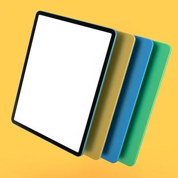 Set of computer tablets with cover case and blank screen isolated on yellow. Stock Illustration