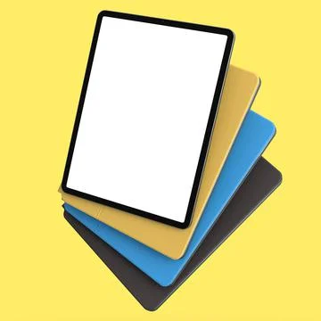 Set of computer tablets with cover case and blank screen isolated on yellow. Stock Illustration