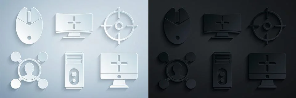 Set Computer, Target sport, Share, monitor, and mouse gaming icon. Vector Stock Illustration