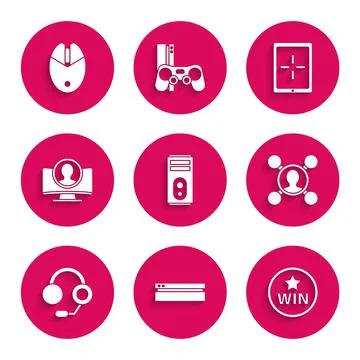 Set Computer, Video game console, Medal, Share, Headphones, Create account Stock Illustration