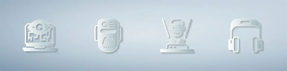 Set Computer vision, Artificial intelligence robot, Hologram and Headphones Stock Illustration