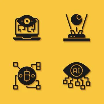 Set Computer vision, Blockchain technology Bitcoin and Hologram icon with long Illustrazione stock