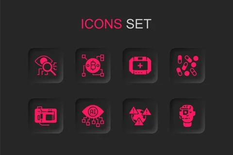 Set Computer vision, Blockchain technology Bitcoin, Eye scan, Earth with ex.. Illustrazione stock