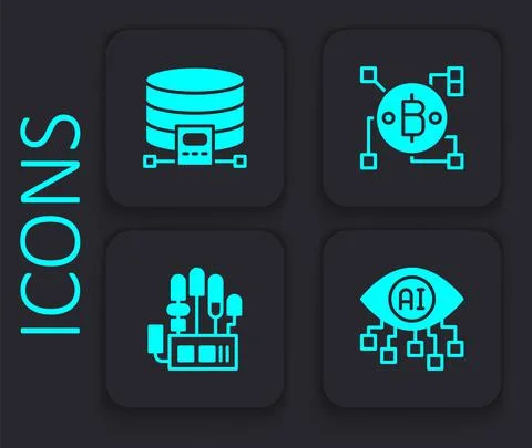 Set Computer vision, Cloud database, Blockchain technology Bitcoin and Illustrazione stock