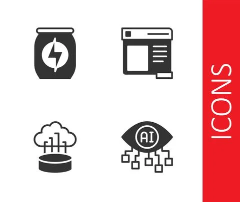 Set Computer vision, Energy drink, Network cloud connection and Browser window 库存插图