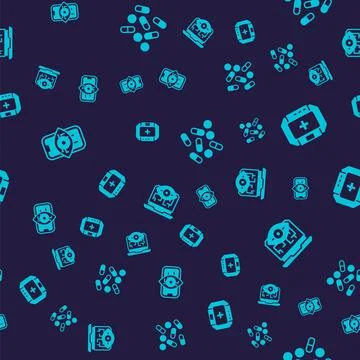 Set Computer vision, First aid kit, Medical pill biohacking and on seamless Stock Illustration