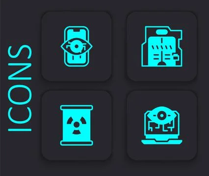 Set Computer vision, Futuristic sliding doors and Radioactive waste barrel ic Stock Illustration