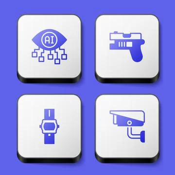 Set Computer vision, Futuristic weapon, Wrist watch and Security camera icon Stock Illustration