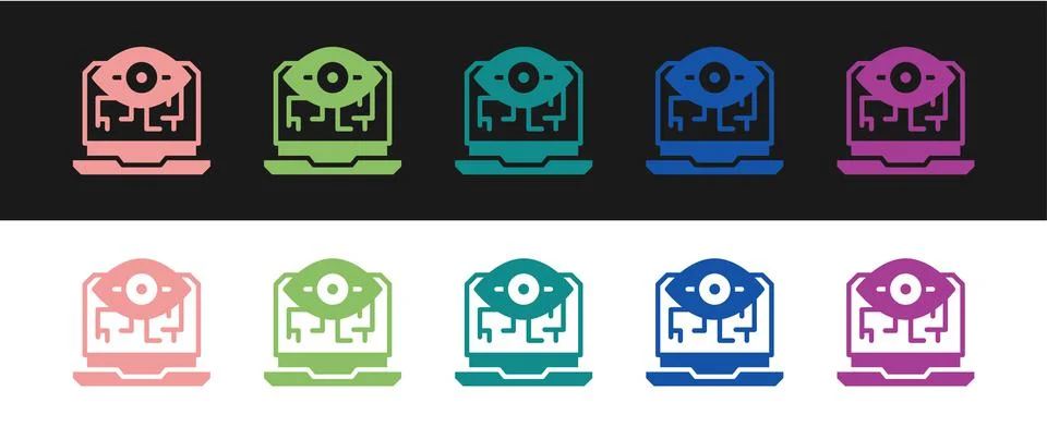 Set Computer vision icon isolated on black and white background. Technical Stock Illustration
