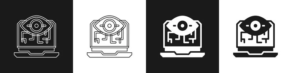 Set Computer vision icon isolated on black and white background. Technical Stock Illustration