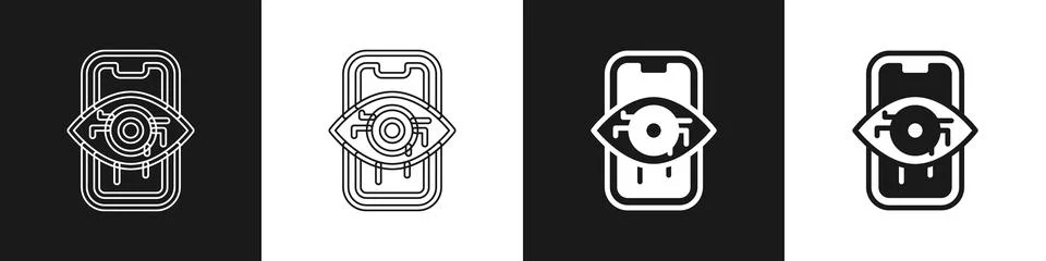 Set Computer vision icon isolated on black and white background. Technical Stock Illustration