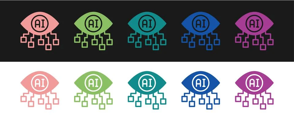 Set Computer vision icon isolated on black and white background. Technical Stock Illustration