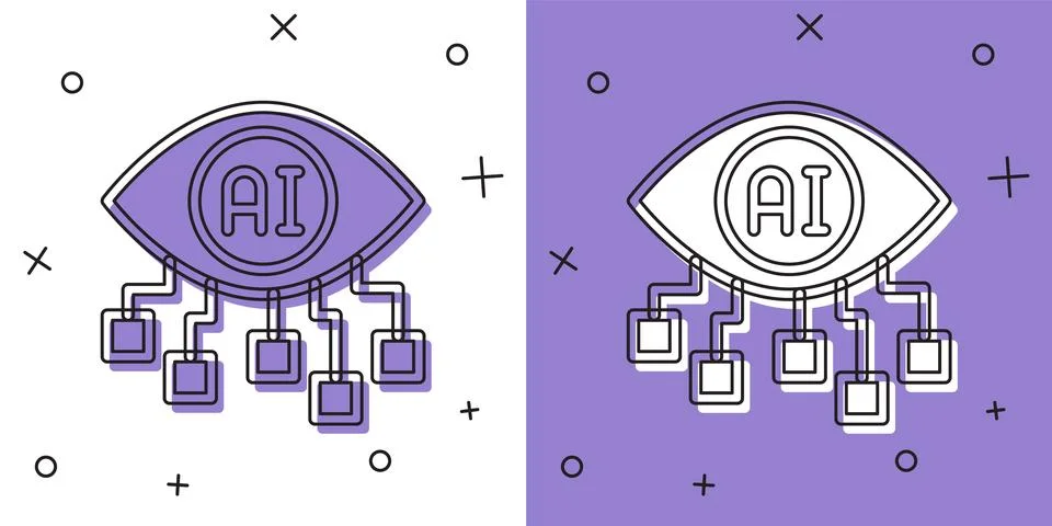 Set Computer vision icon isolated on white and purple background. Technical Illustrazione stock