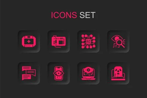 Set Computer vision, Motherboard, First aid kit, Eye scan, Radioactive warn.. Illustrazione stock