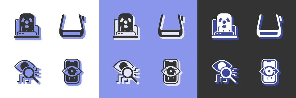 Set Computer vision, Radioactive warning lamp, Eye scan and Smart glasses Stock Illustration