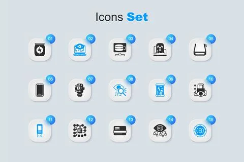 Set Computer vision, Smart glasses spectacles, USB flash drive, Cryptocurre.. Stock Illustration