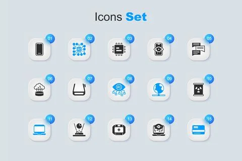 Set Computer vision, Smart glasses spectacles, Neural network, Laptop, Cred.. Stock Illustration