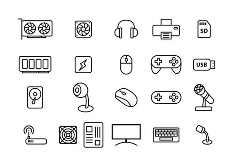 Set of Computers and Accessories in linear style Stock Illustration