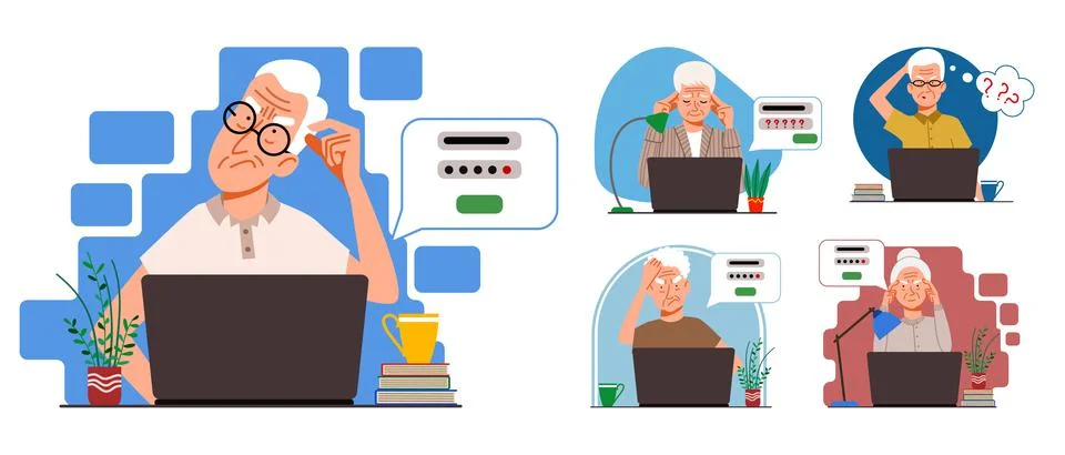 Set of Concepts of an elderly man thinking on a laptop. The old woman forgot the Stock Illustration