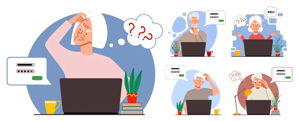 Set of Concepts of an elderly man thinking on a laptop. The old woman forgot the Illustrazione stock