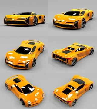 Set conceptual high-speed orange sports car. Gray uniform background. Glare and Stock-Illustration