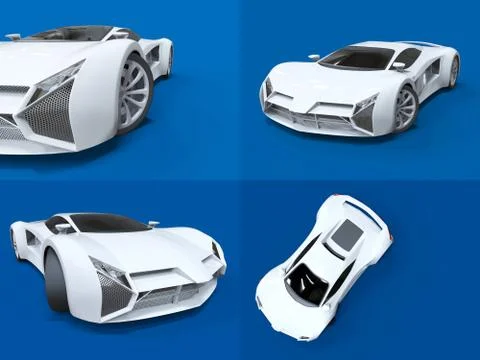 Set conceptual high-speed white sports car. Blue uniform background. Glare and 스톡 일러스트