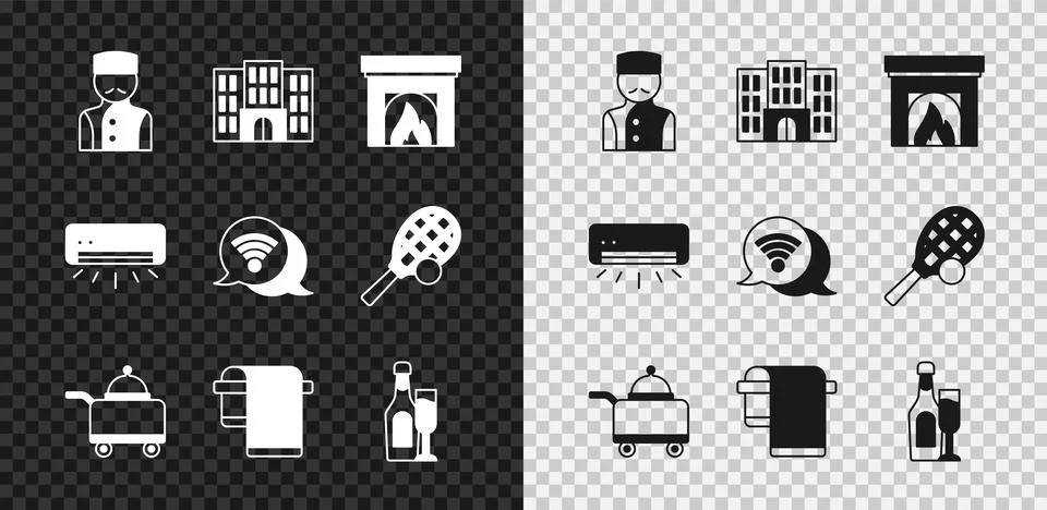 Set Concierge, Hotel building, Interior fireplace, Covered with tray of food Ilustración de archivo