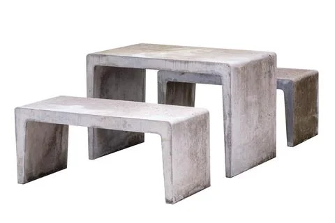 Set of concrete table and bench isolated on white background Stock Photos