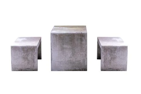 Set of concrete table and bench isolated on white background Stock Photos