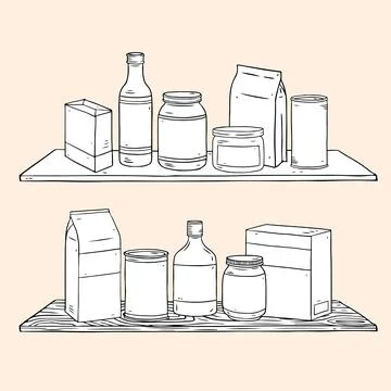 Set of Condiments hand drawn vector illustration with bottle on wooden shelves 스톡 일러스트