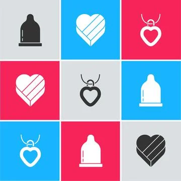 Set Condom, Candy in heart shaped box and Necklace with icon. Vector Stock-Illustration