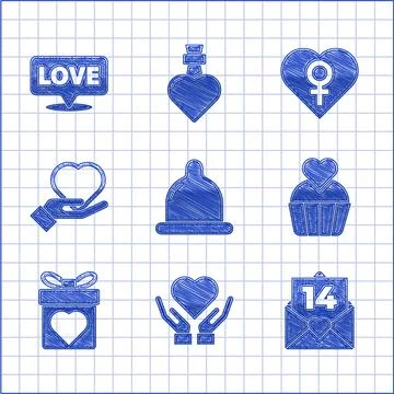 Set Condom, Heart hand, Envelope with Valentine heart, Wedding cake, Gift box Stock-Illustration