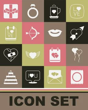 Set Condom in package, Balloons form of heart, Amour with and arrow, Coffee cup Stock-Illustration