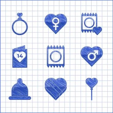 Set Condom in package, Candy heart shaped box, Balloons form of, Heart with male Stock-Illustration