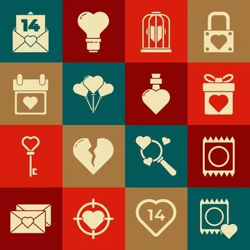 Set Condom in package, Gift box with heart, Heart the bird cage, Balloons form Stock-Illustration