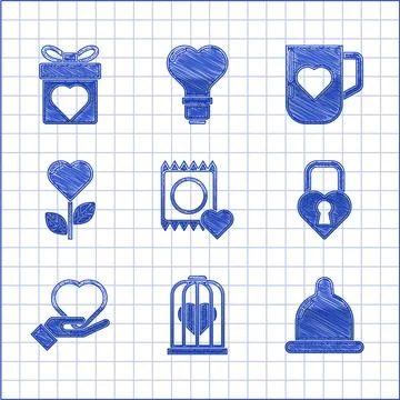 Set Condom in package, Heart the bird cage, Castle shape of heart, hand, flower Stock-Illustration