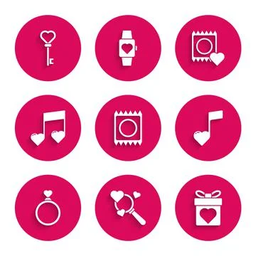 Set Condom in package, Search heart and love, Gift box with, Music note, tone Stock-Illustration