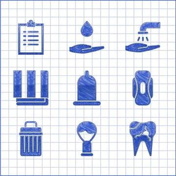 Set Condom, Shaving brush, Broken tooth, Sanitary napkin, Trash can, Towel stack Stock Illustration