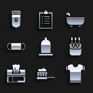 Set Condom, Toothbrush with toothpaste, T-shirt, Cotton swab for ears, Wet wipe Stock Illustration