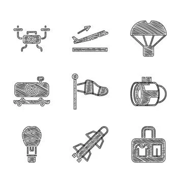 Set Cone meteorology windsock, Rocket, Suitcase, Jet engine turbine, Hot air イラスト素材