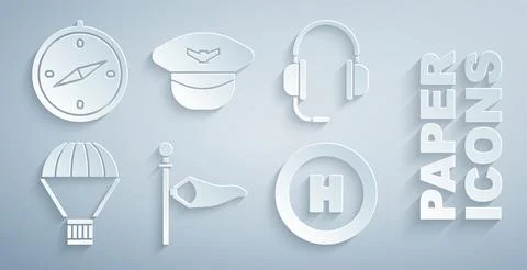 Set Cone meteorology windsock wind vane, Headphones with microphone, Box flying Stock Illustration