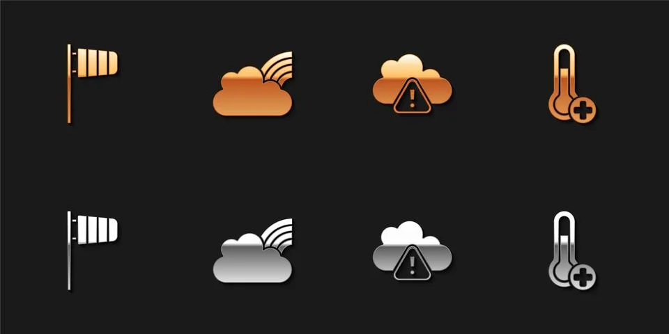Set Cone windsock wind vane, Rainbow with clouds, Storm warning and Meteorology Stock Illustration